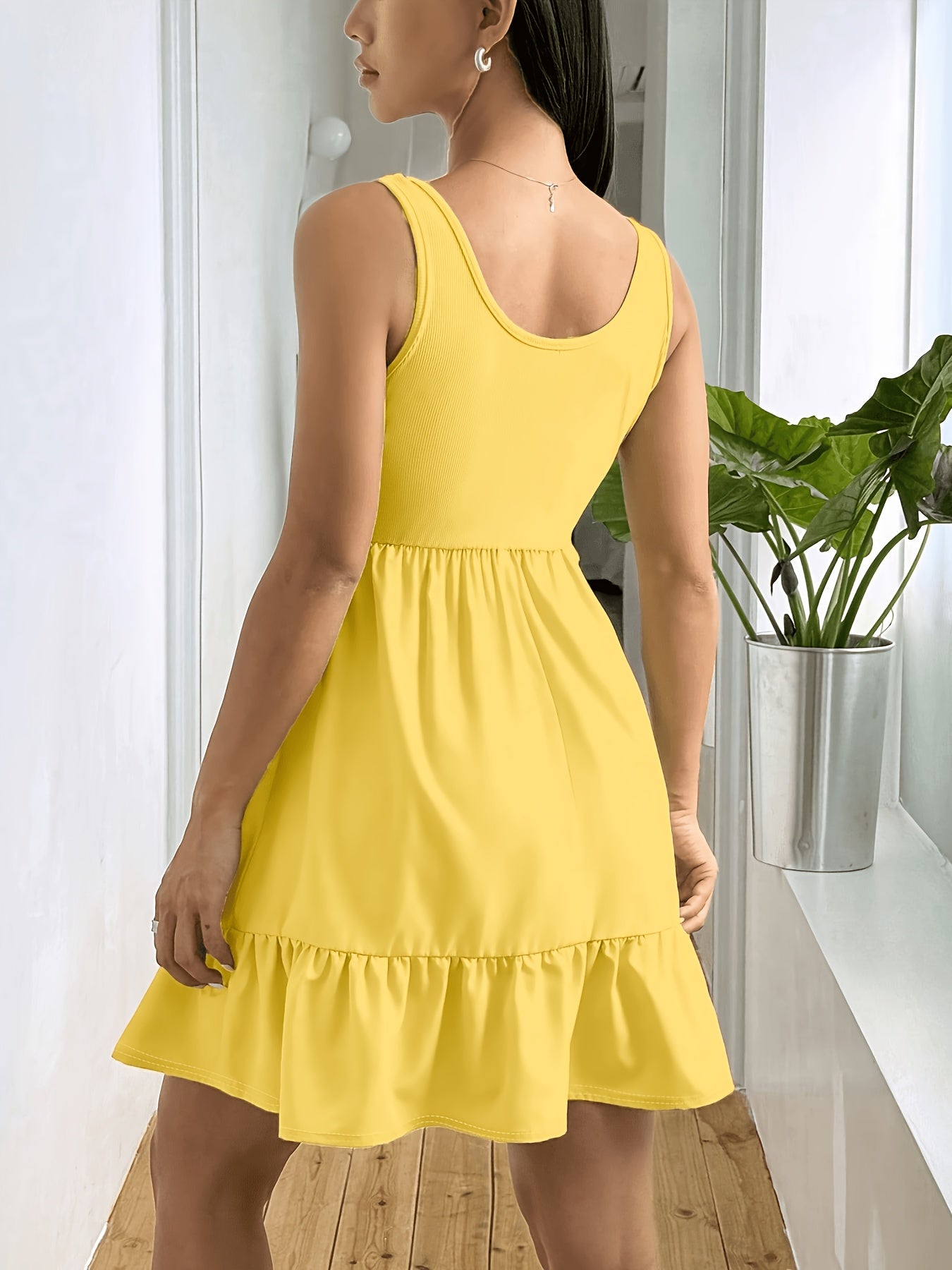 Effortless Ribbed Tiered Mini Dress for Women with Square Neck Sleeveless Smocked Waist Flowy Casual Style