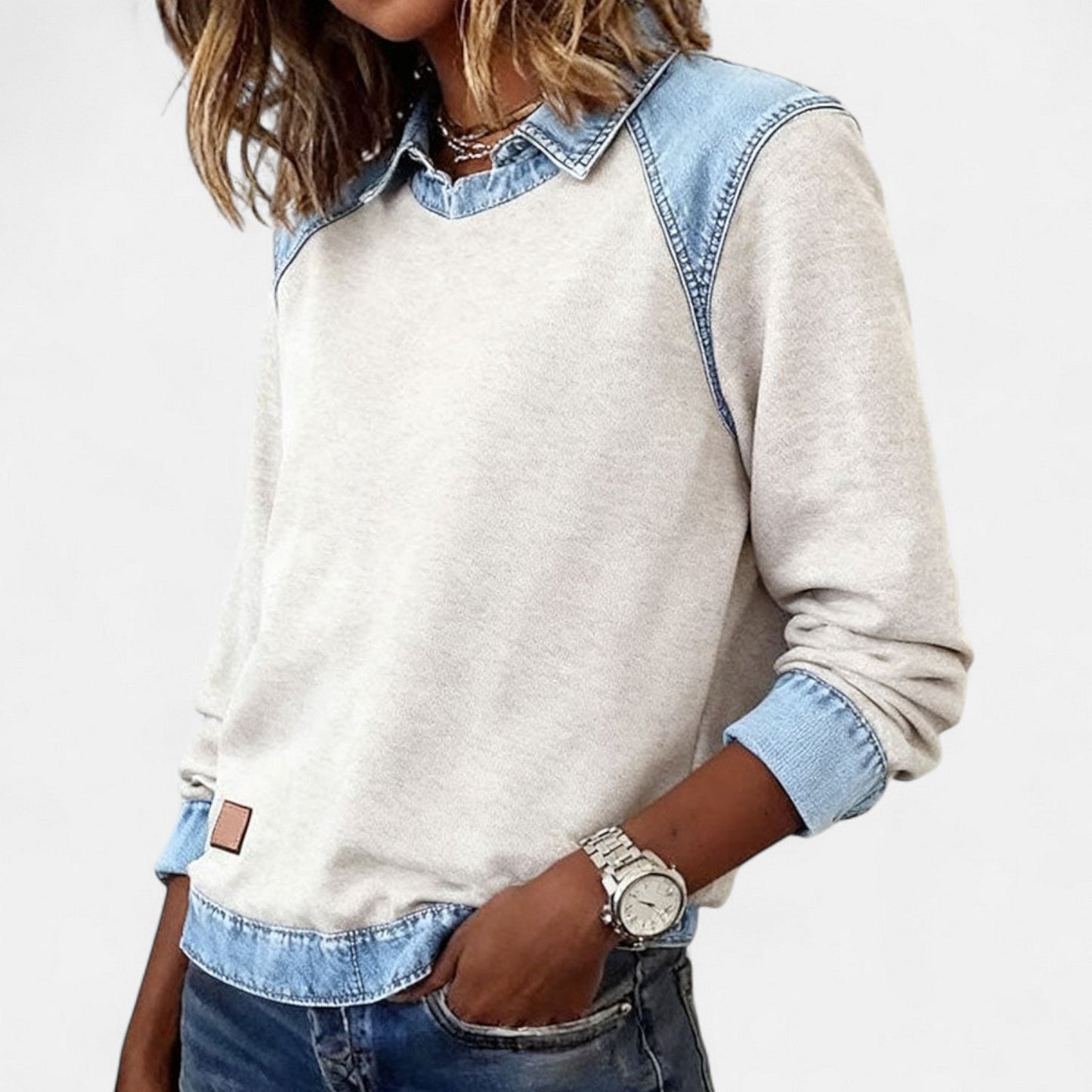Effortless Denim Colorblock Sweatshirt for Women with Shirt Collar Long Sleeve Raglan Contrast Casual Style