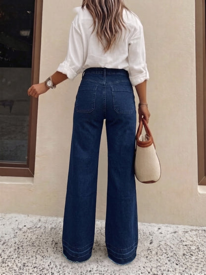 Effortless Relaxed Dark Blue Wide Leg Jeans for Women with High Waist Belted Style