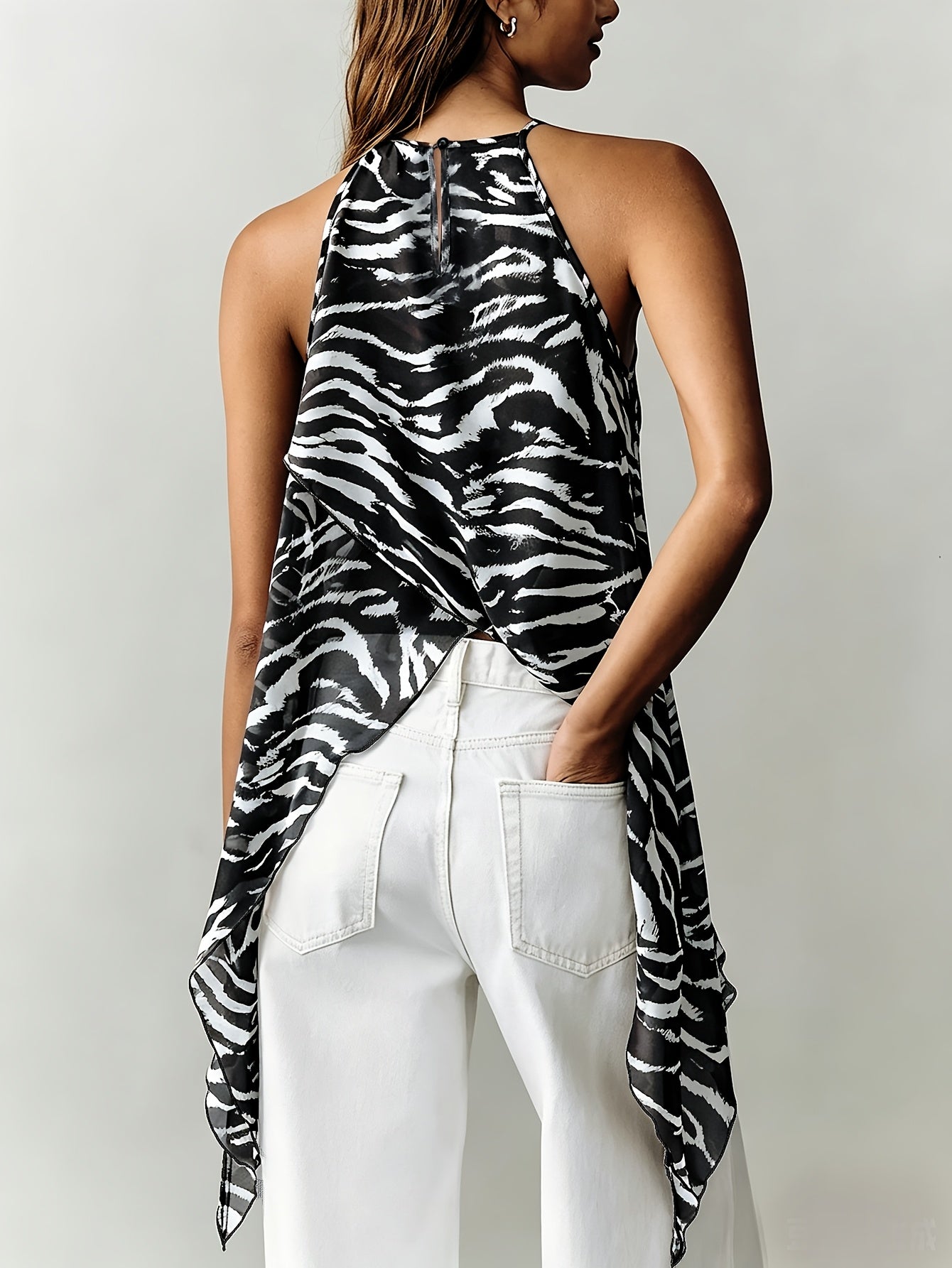 Effortless Brown Zebra Print Halter Top for Women with High Neck Sleeveless Wrap Front Flowing Style