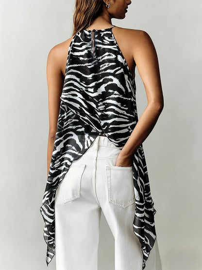 Effortless Brown Zebra Print Halter Top for Women with High Neck Sleeveless Wrap Front Flowing Style