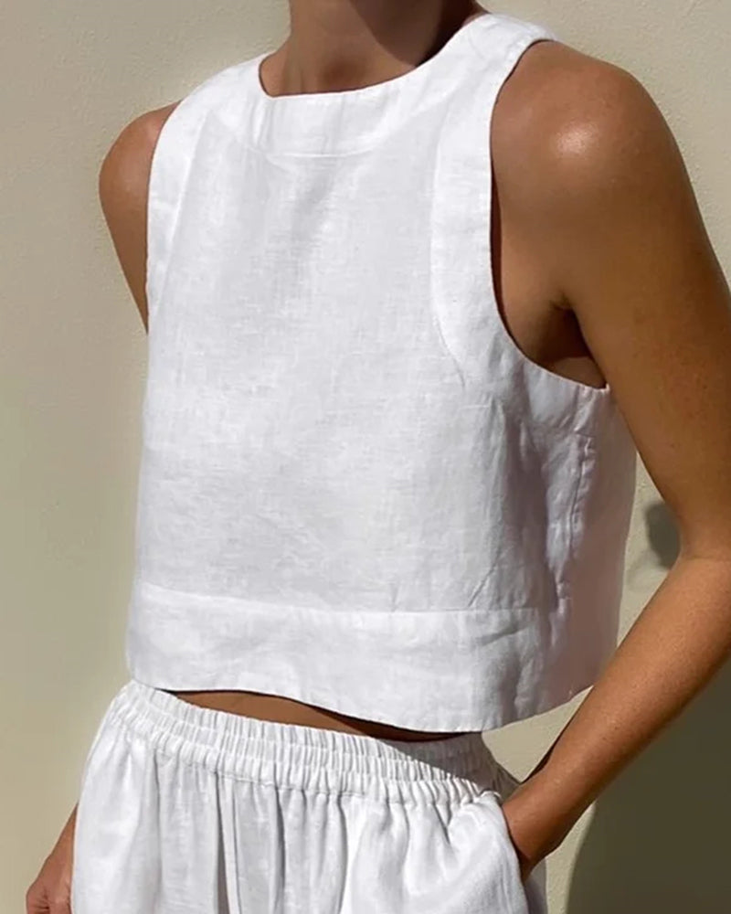Effortless Linen Wide Leg Set for Women with Square Neck Sleeveless Elastic Waist Two Piece Style