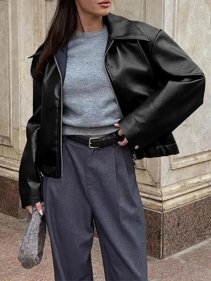 Elegant Faux Leather Jacket for Women with Collar Long Sleeve Oversized Cropped Style