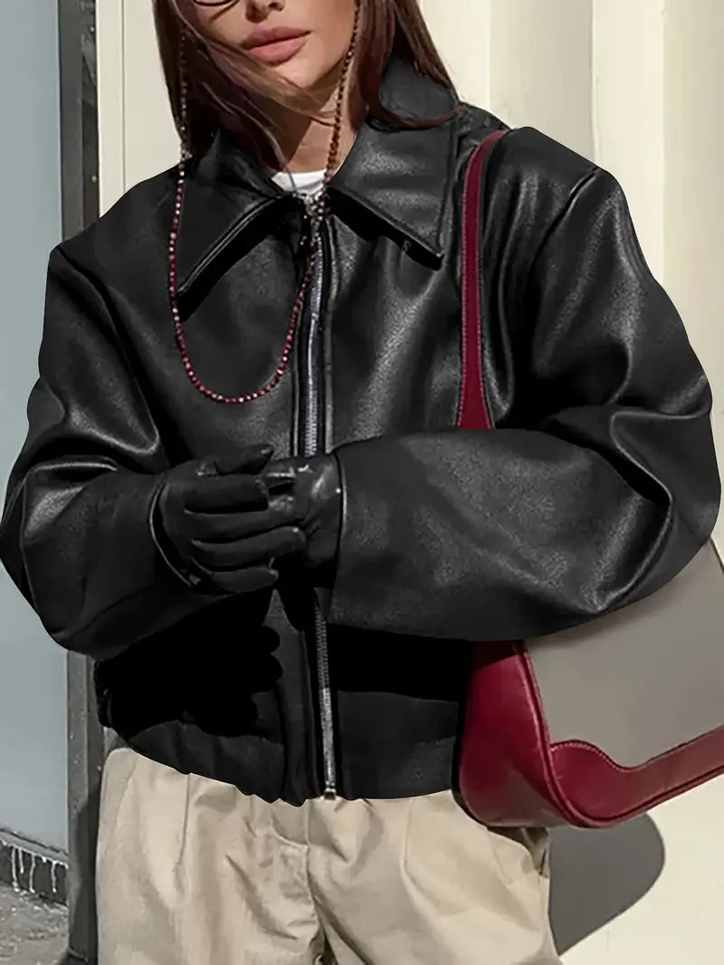 Elegant Faux Leather Jacket for Women with Collar Long Sleeve Oversized Cropped Style