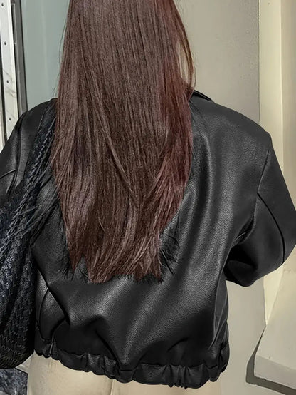 Elegant Faux Leather Jacket for Women with Collar Long Sleeve Oversized Cropped Style