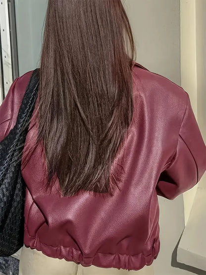 Elegant Faux Leather Jacket for Women with Collar Long Sleeve Oversized Cropped Style