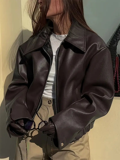 Elegant Faux Leather Jacket for Women with Collar Long Sleeve Oversized Cropped Style