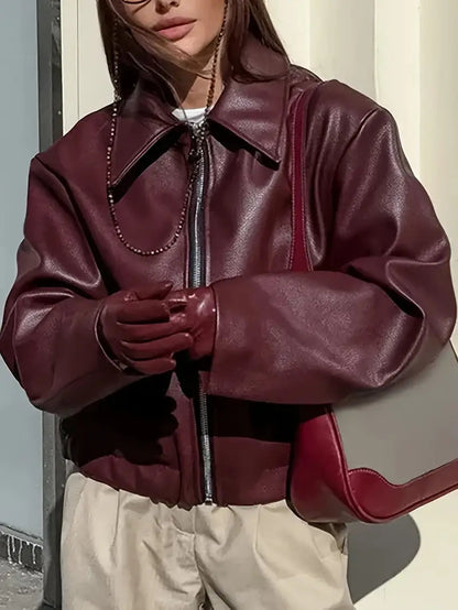 Elegant Faux Leather Jacket for Women with Collar Long Sleeve Oversized Cropped Style