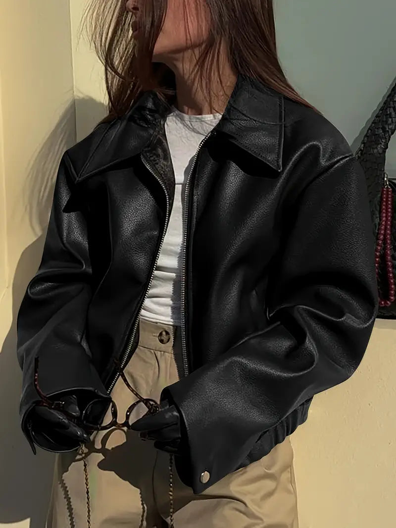 Elegant Faux Leather Jacket for Women with Collar Long Sleeve Oversized Cropped Style