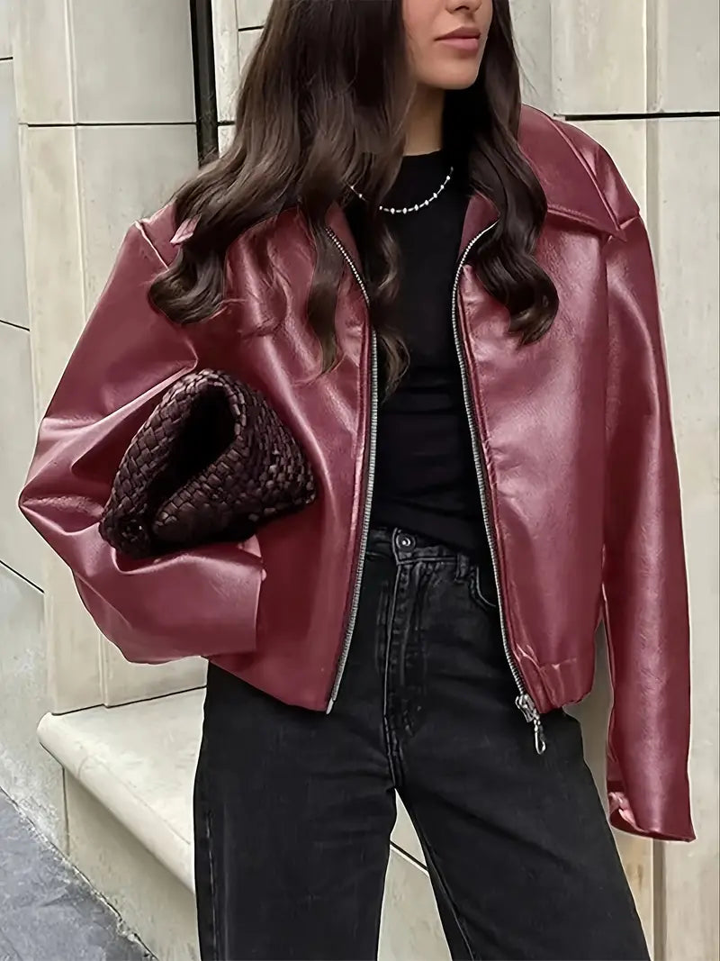 Elegant Faux Leather Jacket for Women with Collar Long Sleeve Oversized Cropped Style