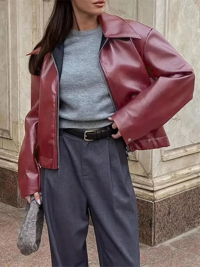 Elegant Faux Leather Jacket for Women with Collar Long Sleeve Oversized Cropped Style