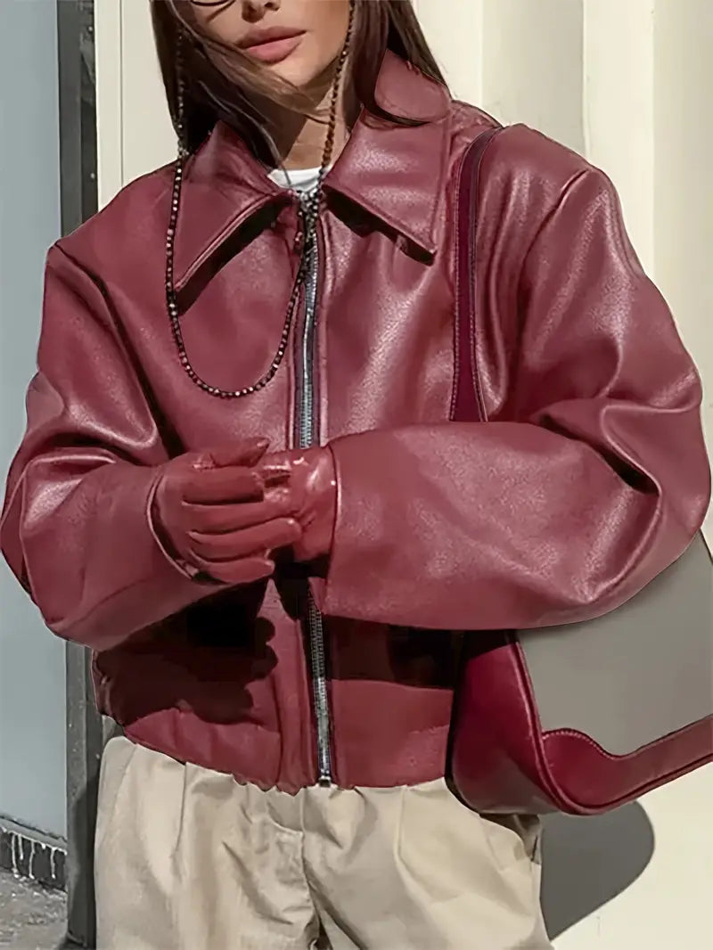 Elegant Faux Leather Jacket for Women with Collar Long Sleeve Oversized Cropped Style