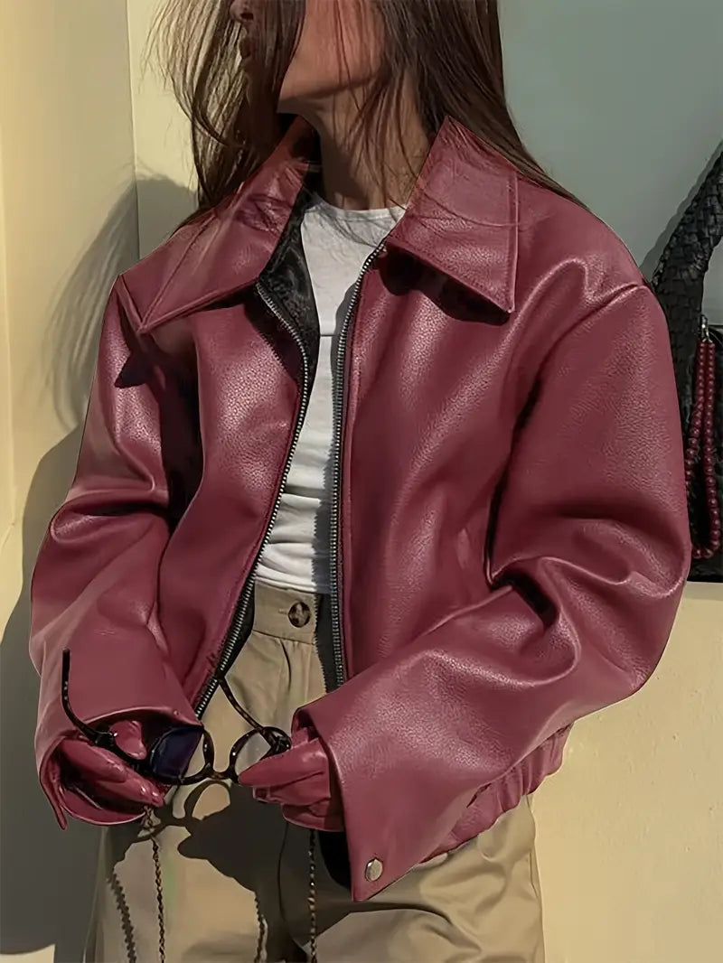 Elegant Faux Leather Jacket for Women with Collar Long Sleeve Oversized Cropped Style