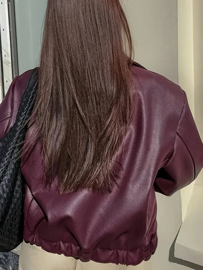 Elegant Faux Leather Jacket for Women with Collar Long Sleeve Oversized Cropped Style