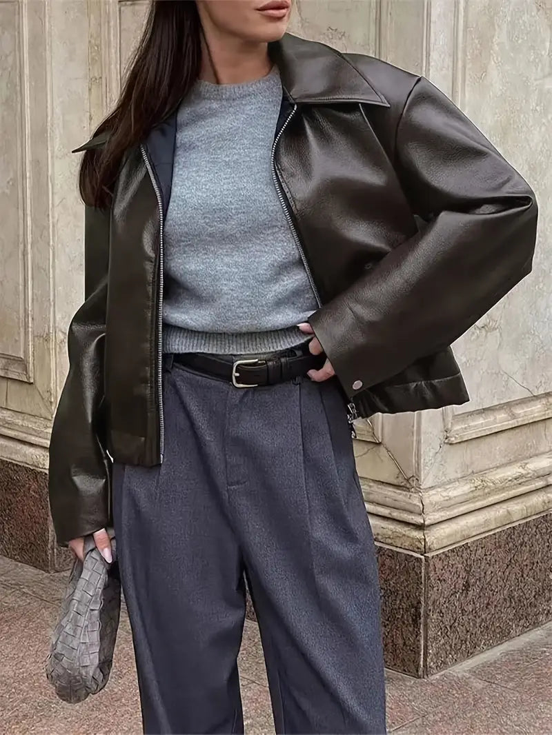 Elegant Faux Leather Jacket for Women with Collar Long Sleeve Oversized Cropped Style