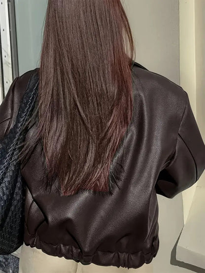 Elegant Faux Leather Jacket for Women with Collar Long Sleeve Oversized Cropped Style