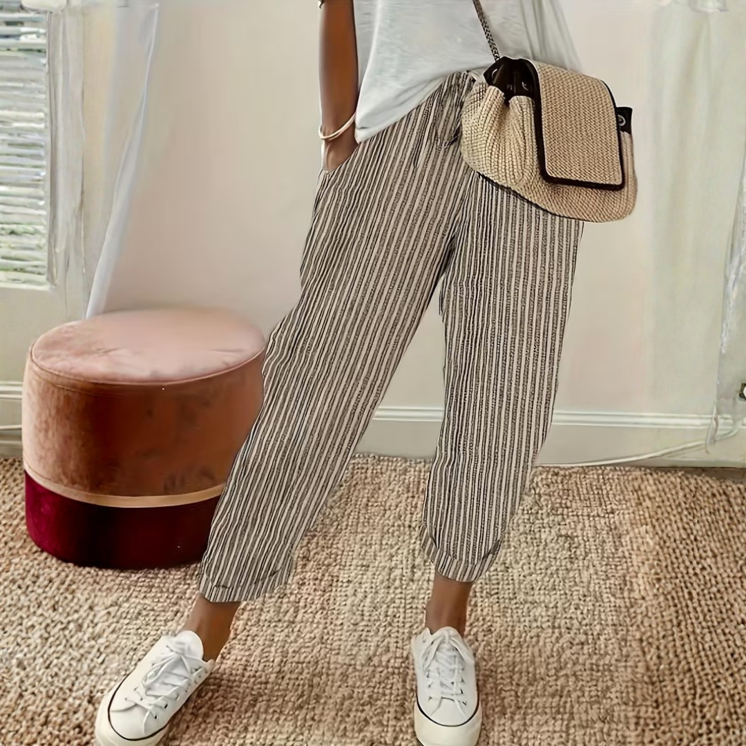 Effortless Striped Linen Pants for Women with High Waist Drawstring Tapered Cuffed Casual Style