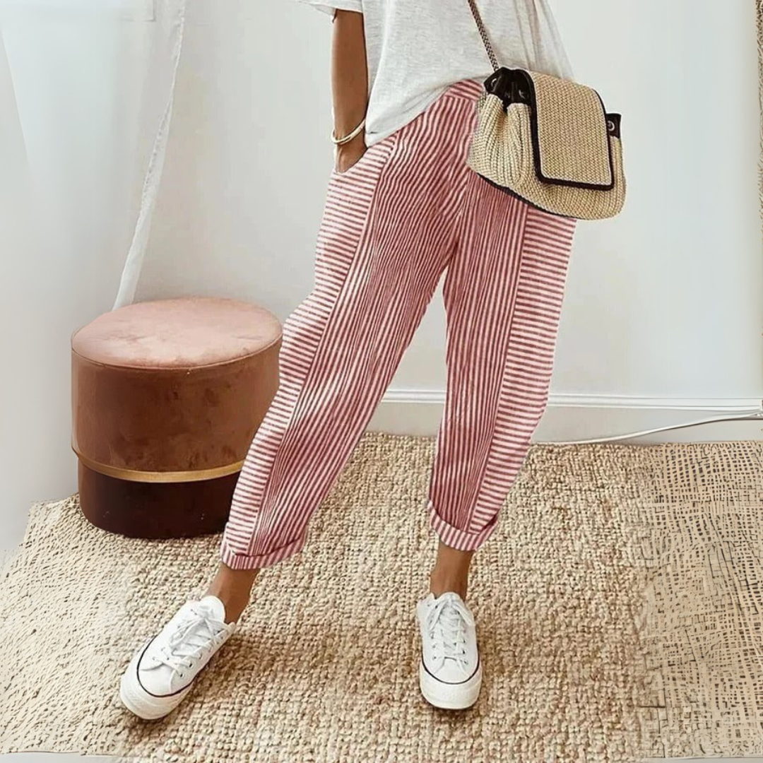 Effortless Striped Linen Pants for Women with High Waist Drawstring Tapered Cuffed Casual Style