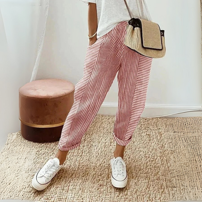 Effortless Striped Linen Pants for Women with High Waist Drawstring Tapered Cuffed Casual Style