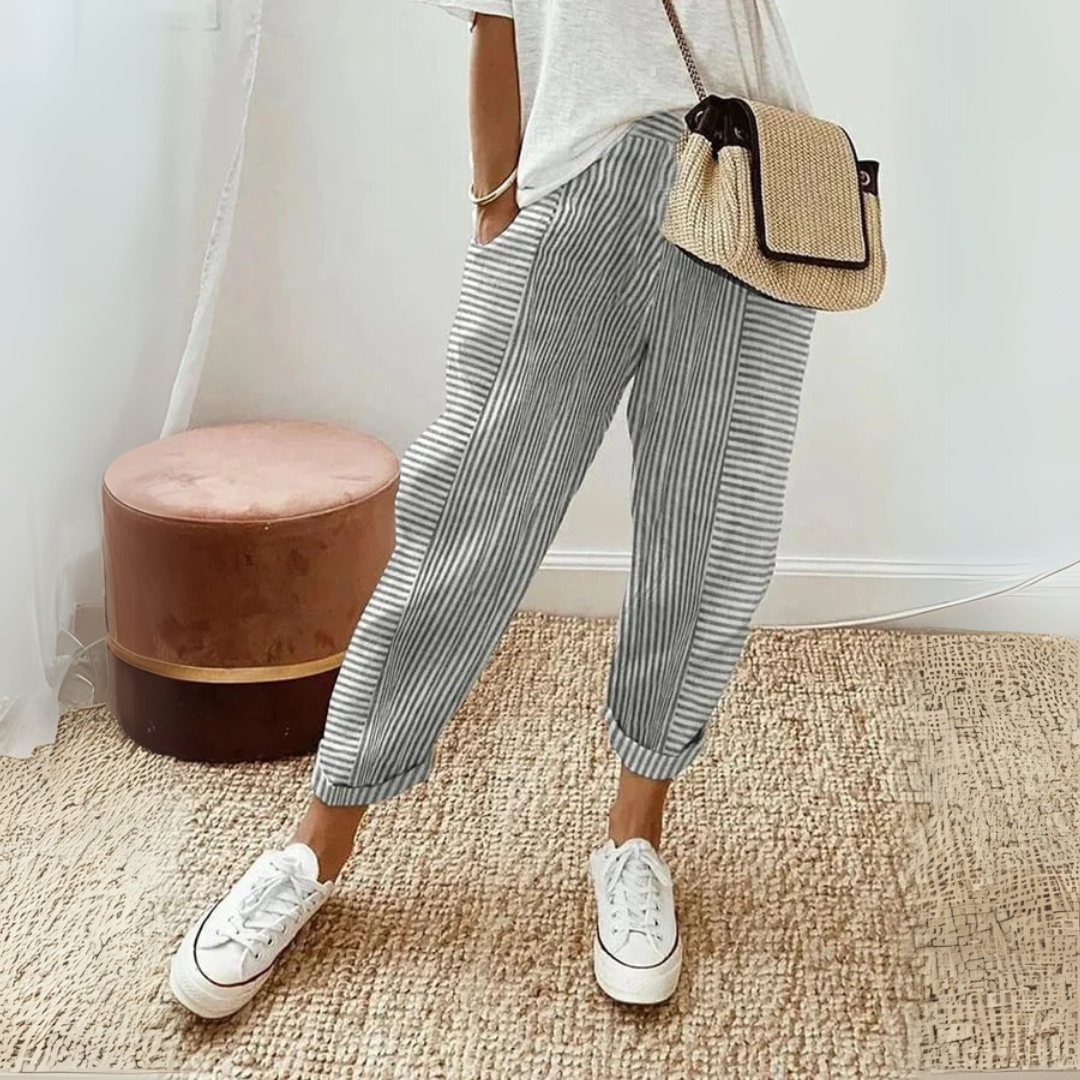 Effortless Striped Linen Pants for Women with High Waist Drawstring Tapered Cuffed Casual Style