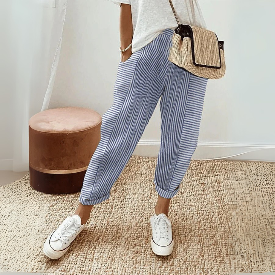 Effortless Striped Linen Pants for Women with High Waist Drawstring Tapered Cuffed Casual Style