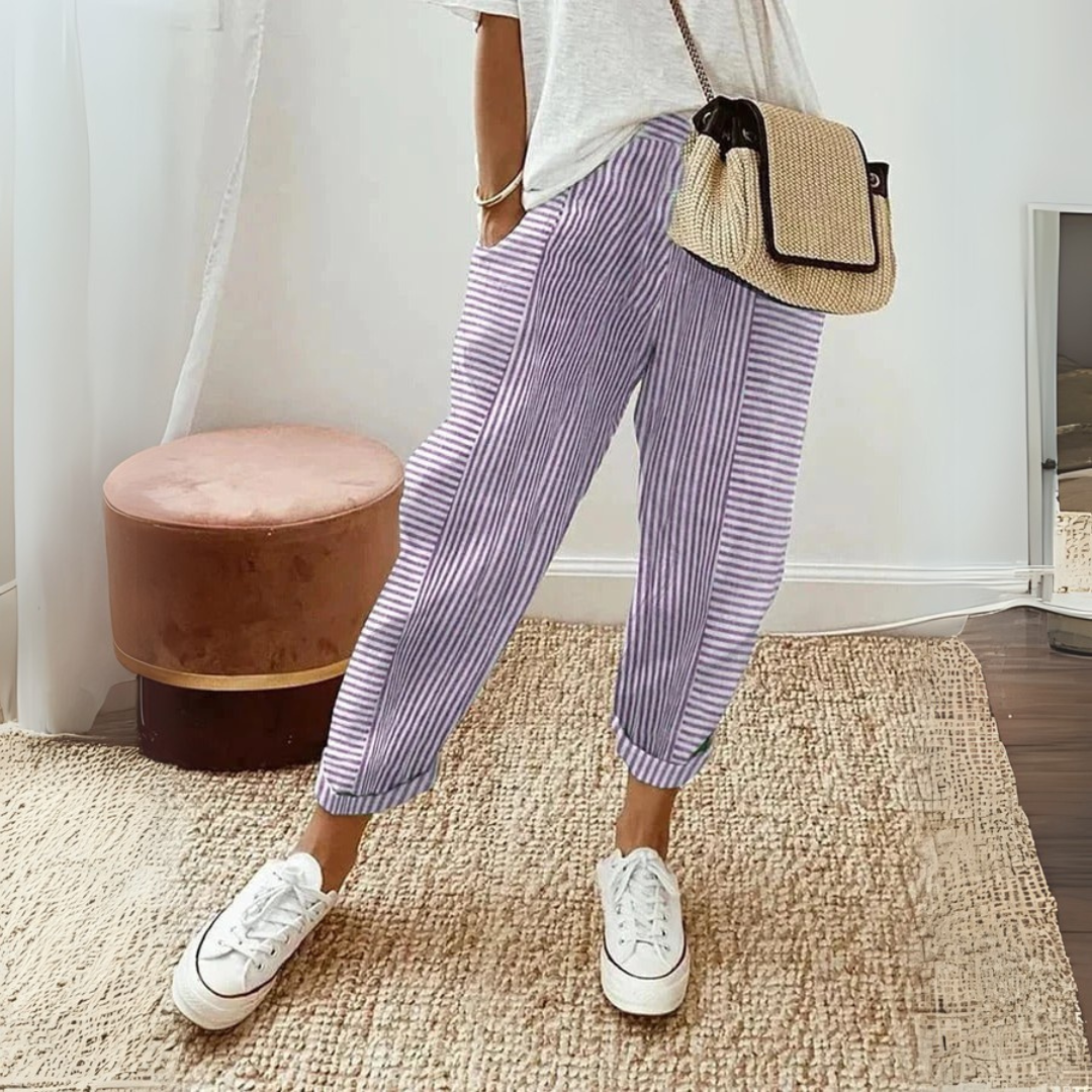 Effortless Striped Linen Pants for Women with High Waist Drawstring Tapered Cuffed Casual Style