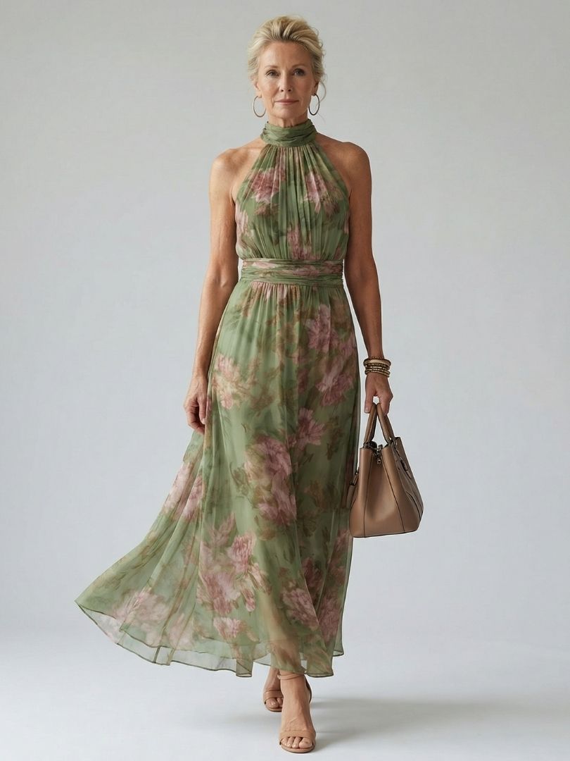 Elegant Green Floral Maxi Dress for Women with Halter Neck Ruched Flowing Wedding Guest Style