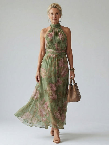 Elegant Green Floral Maxi Dress for Women with Halter Neck Ruched Flowing Wedding Guest Style