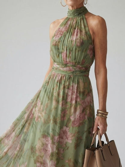 Elegant Green Floral Maxi Dress for Women with Halter Neck Ruched Flowing Wedding Guest Style