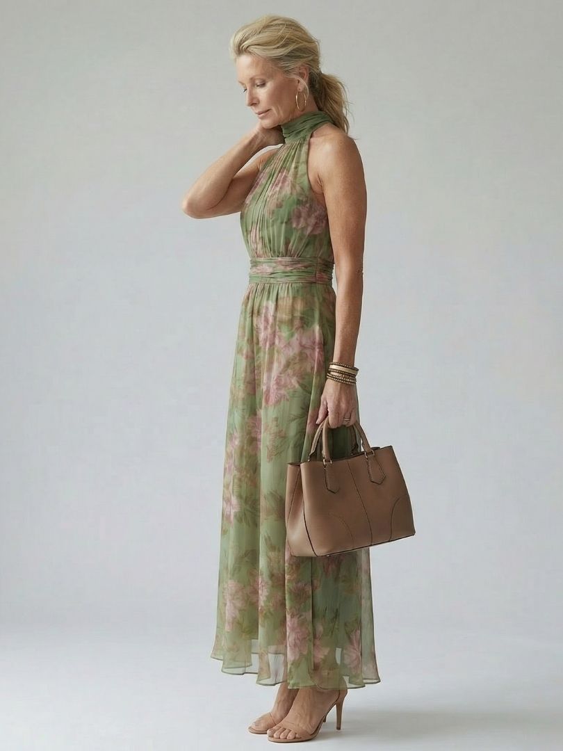 Elegant Green Floral Maxi Dress for Women with Halter Neck Ruched Flowing Wedding Guest Style