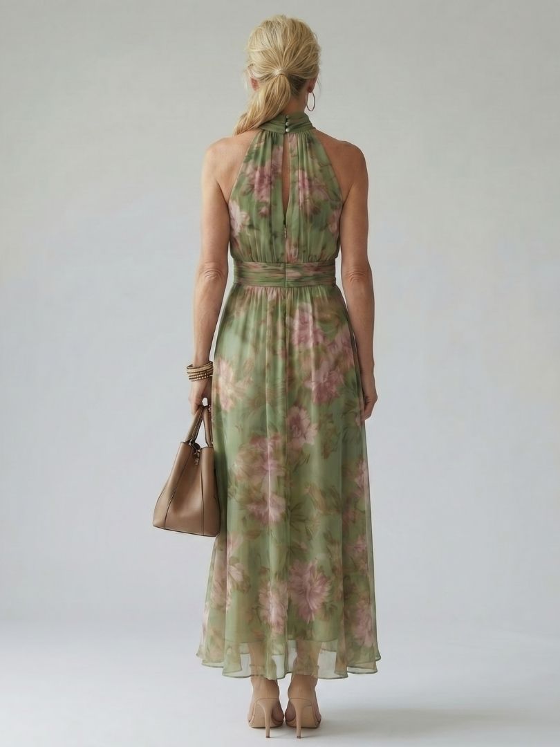 Elegant Green Floral Maxi Dress for Women with Halter Neck Ruched Flowing Wedding Guest Style