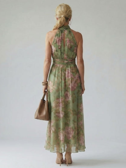 Elegant Green Floral Maxi Dress for Women with Halter Neck Ruched Flowing Wedding Guest Style