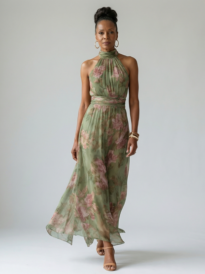 Elegant Green Floral Maxi Dress for Women with Halter Neck Ruched Flowing Wedding Guest Style