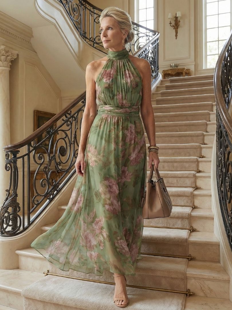 Elegant Green Floral Maxi Dress for Women with Halter Neck Ruched Flowing Wedding Guest Style