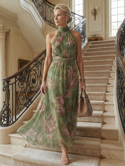 Elegant Green Floral Maxi Dress for Women with Halter Neck Ruched Flowing Wedding Guest Style