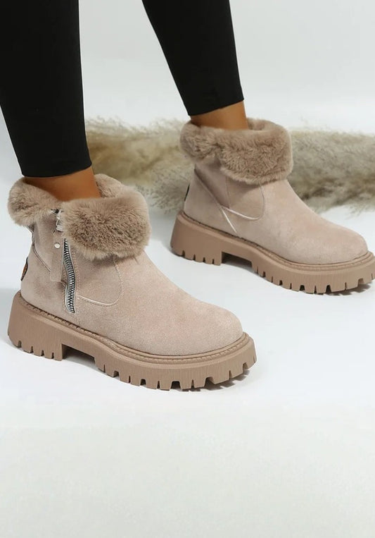 Comfortable Beige Ankle Boots for Women with Platform Fur Lined Casual Style