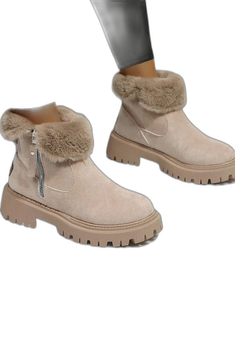 Comfortable Beige Ankle Boots for Women with Platform Fur Lined Casual Style