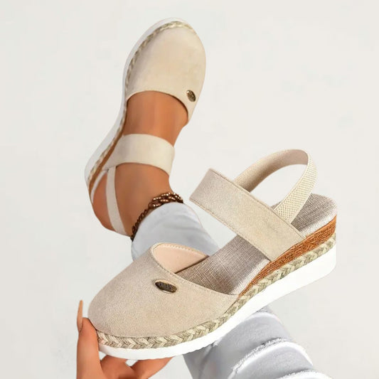 Comfortable Beige Espadrilles for Women with Platform Ankle Strap Closed Toe Casual Style