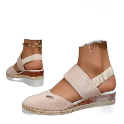 Comfortable Beige Espadrilles for Women with Platform Ankle Strap Closed Toe Casual Style