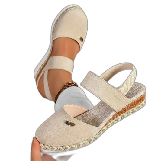 Comfortable Beige Flats for Women with Ankle Strap Closed Toe Casual Style