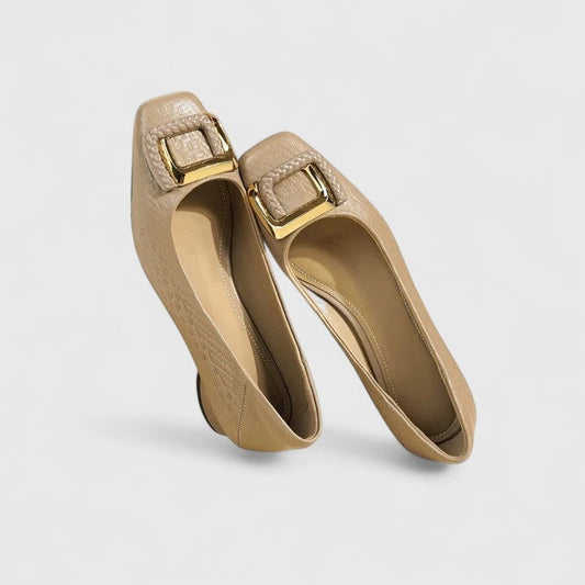 Comfortable Beige Flats for Women with Closed Toe Buckle Casual Style