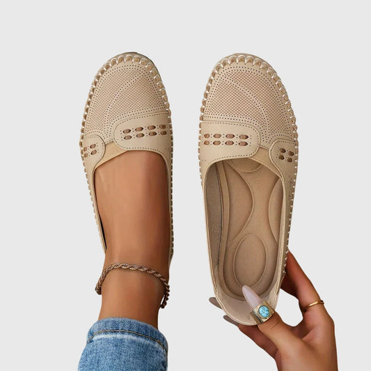 Comfortable Beige Flats for Women with Cutout Closed Toe Casual Style