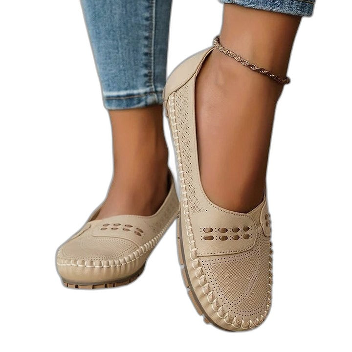 Comfortable Beige Flats for Women with Cutout Closed Toe Casual Style