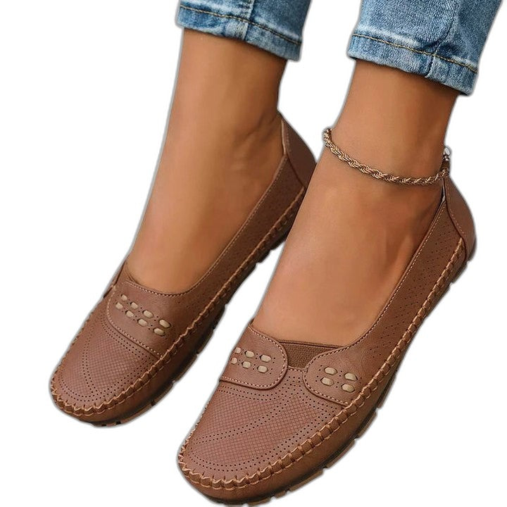Comfortable Beige Flats for Women with Cutout Closed Toe Casual Style