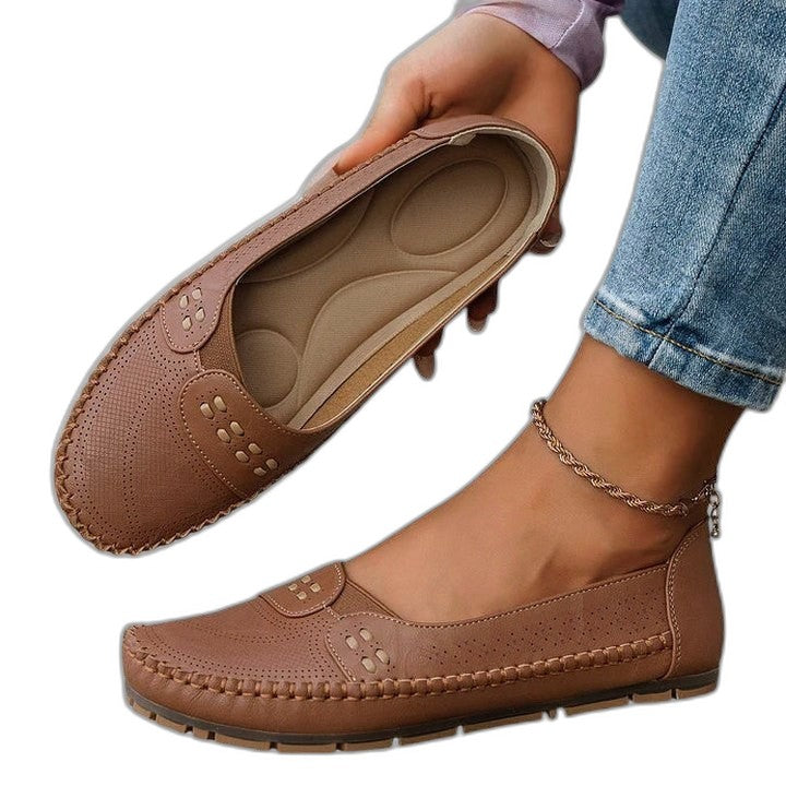 Comfortable Beige Flats for Women with Cutout Closed Toe Casual Style