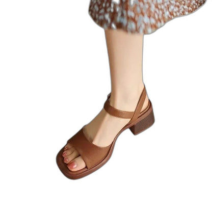 Comfortable Beige Heels for Women with Block Heel Ankle Strap Open Toe Casual Style