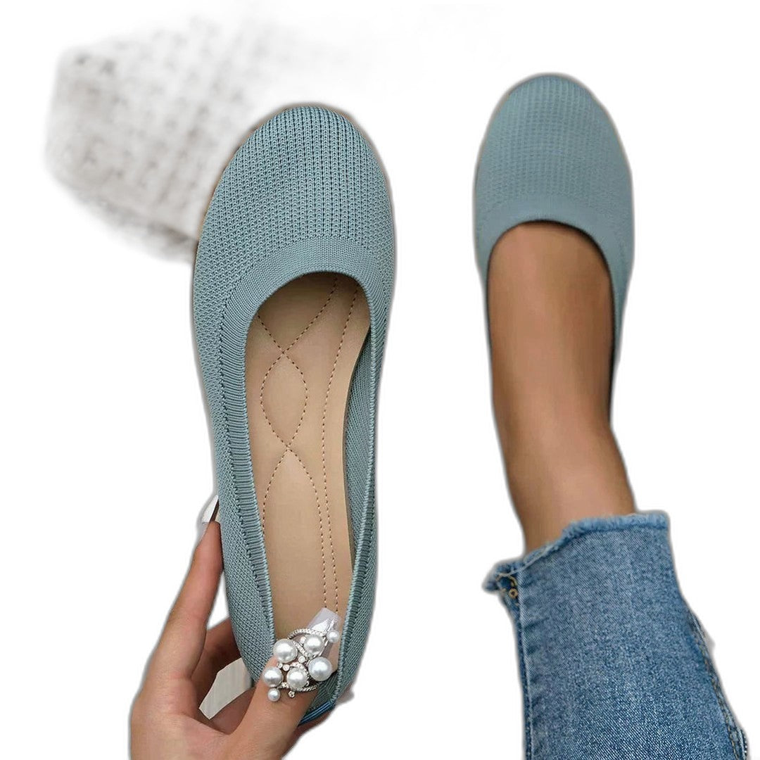 Comfortable Beige Knit Ballet Flats for Women with Pointed Toe Casual Style