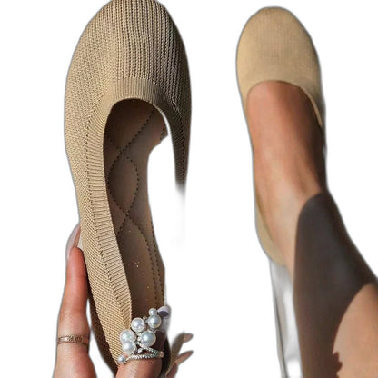 Comfortable Beige Knit Ballet Flats for Women with Pointed Toe Casual Style