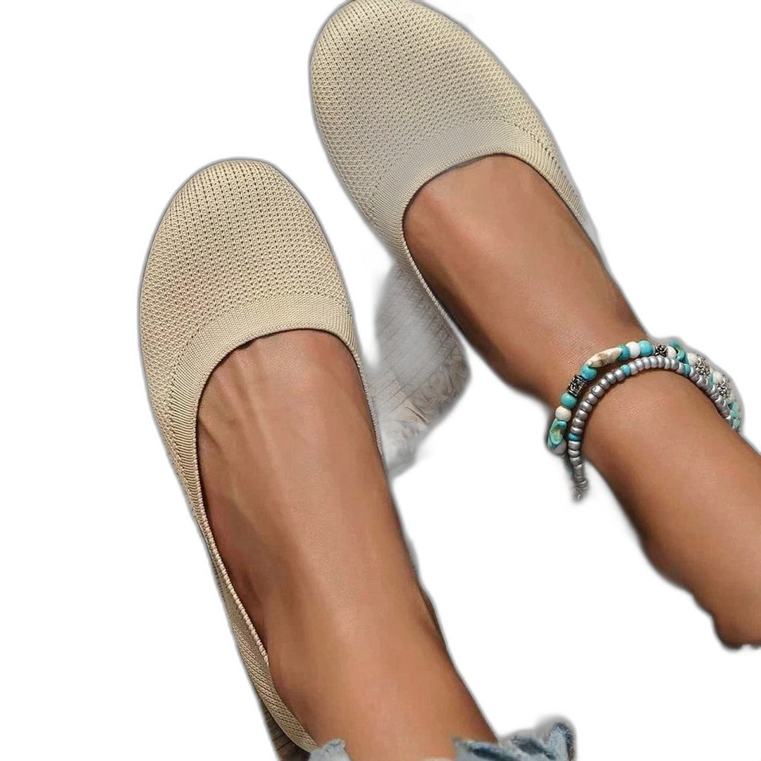 Comfortable Beige Knit Ballet Flats for Women with Pointed Toe Casual Style