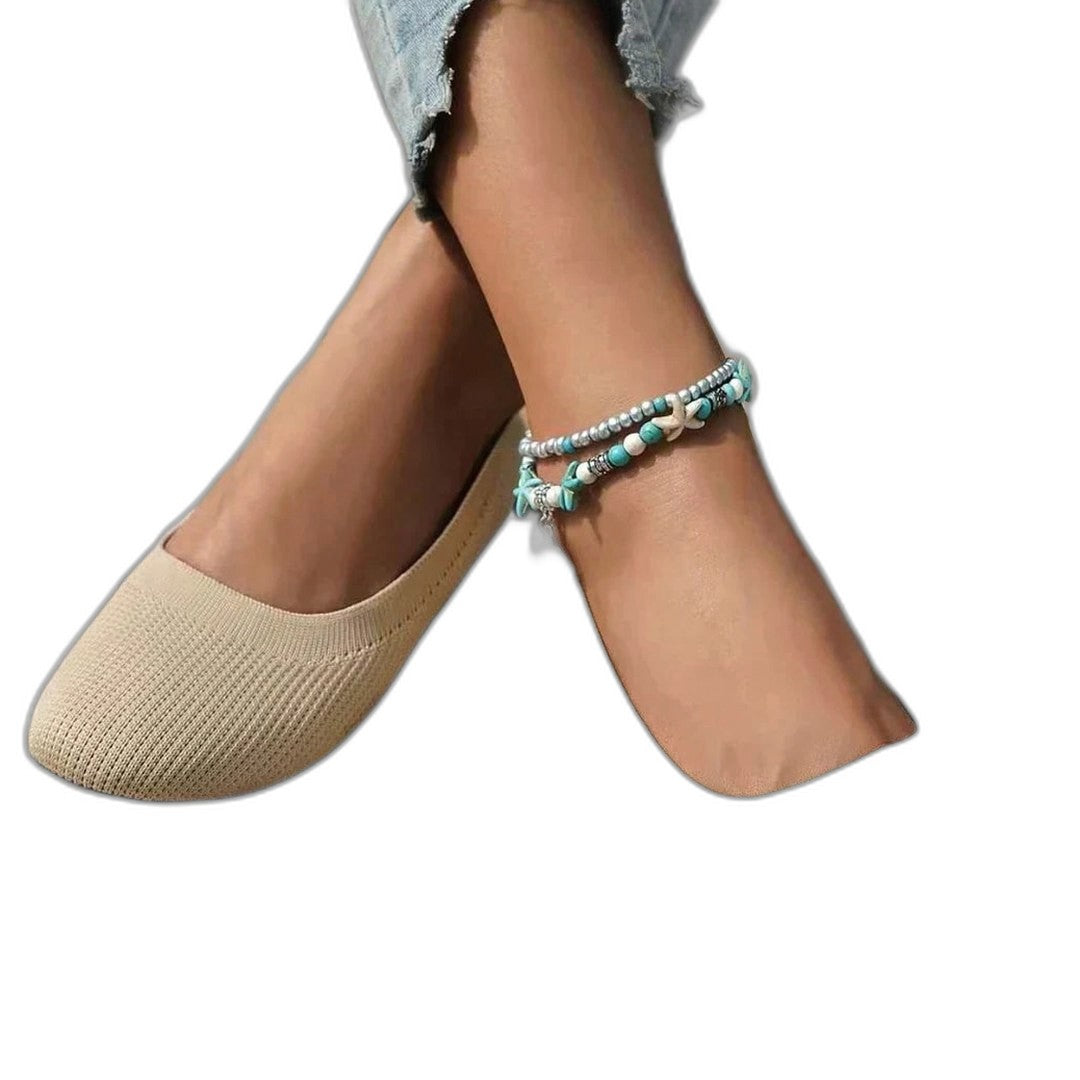 Comfortable Beige Knit Ballet Flats for Women with Pointed Toe Casual Style